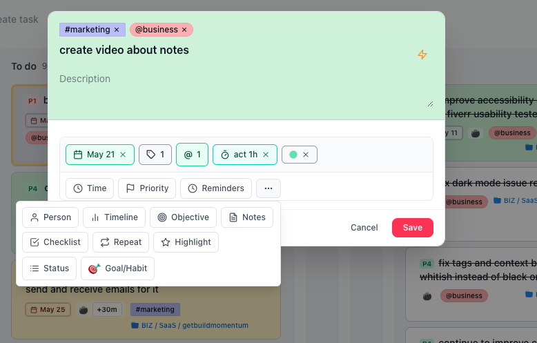 Build Momentum task creation on kanban board