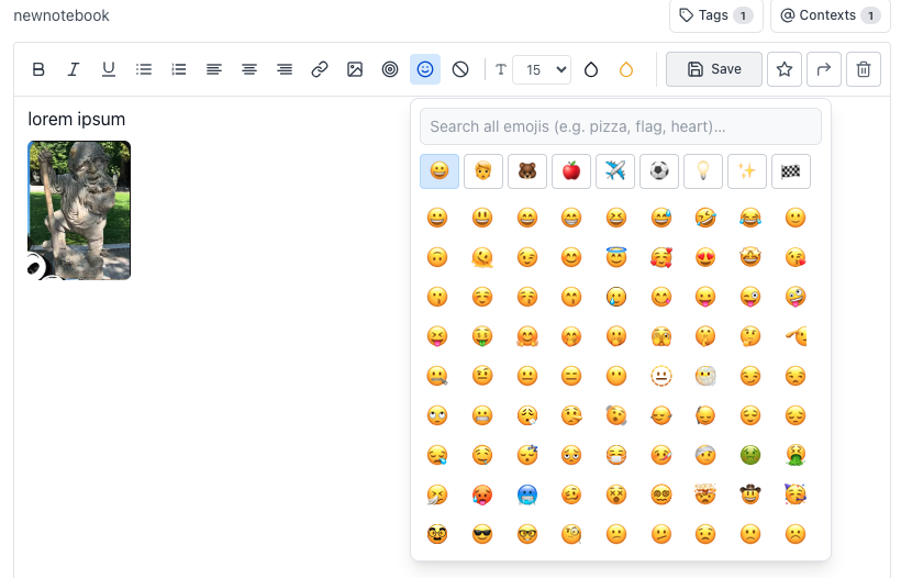 Notes editor with formatting toolbar