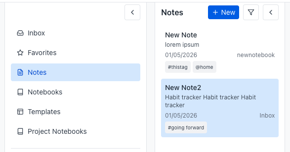 Notes sidebar: inbox, notebooks, and library