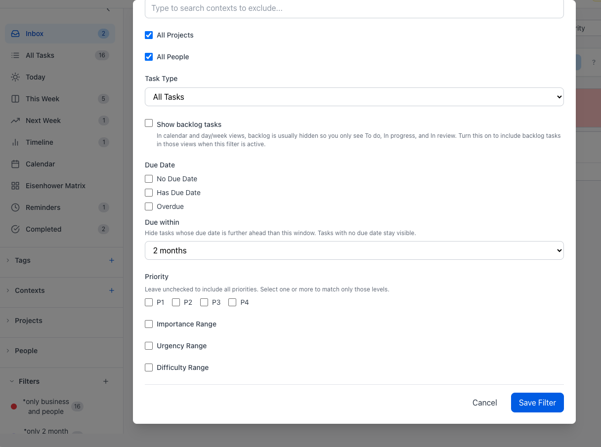 Task filters and saved views